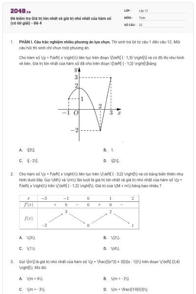 Đề kiểm tra Giá trị lớn nhất và giá trị nhỏ nhất của hàm số (có lời giải) - Đề 4