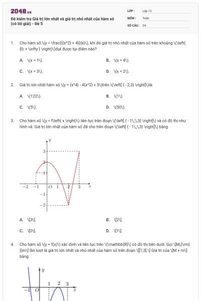 Đề kiểm tra Giá trị lớn nhất và giá trị nhỏ nhất của hàm số (có lời giải) - Đề 5