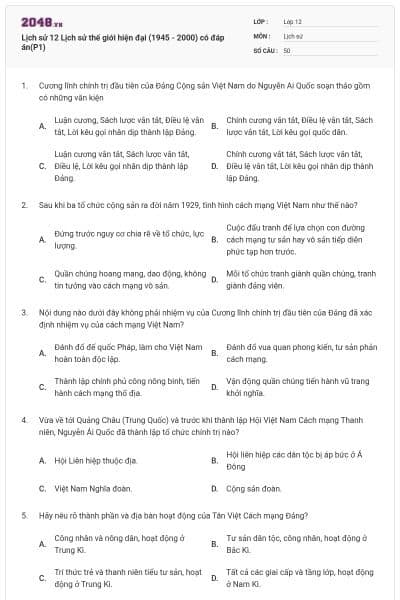Lịch sử 12 Lịch sử thế giới hiện đại (1945 - 2000) có đáp án(P1)