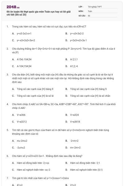 Đề ôn luyện thi thpt quốc gia môn Toán cực hay có lời giải chi tiết (Đề số 20)