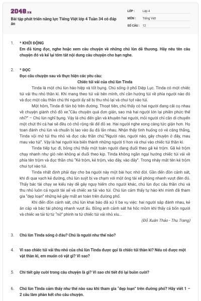 Bài tập phát triển năng lực Tiếng Việt lớp 4 Tuần 34 có đáp án