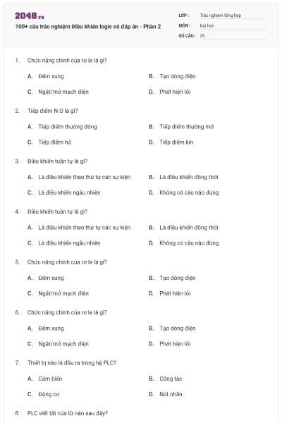 100+ câu trắc nghiệm Điều khiển logic có đáp án - Phần 2