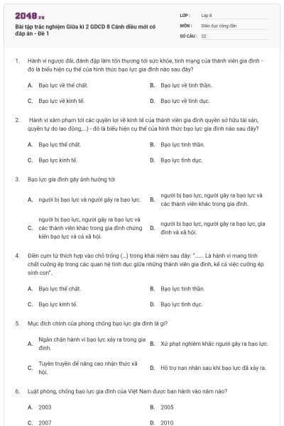 Bài tập trắc nghiệm Giữa kì 2 GDCD 8 Cánh diều mới có đáp án - Đề 1