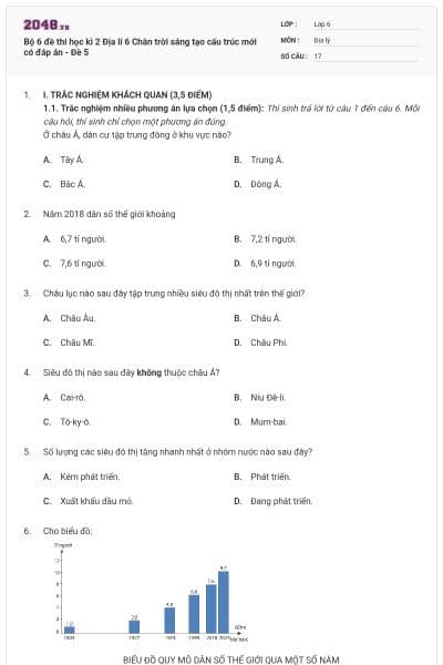 Bộ 6 đề thi học kì 2 Địa lí 6 Chân trời sáng tạo cấu trúc mới có đáp án - Đề 5