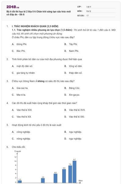 Bộ 6 đề thi học kì 2 Địa lí 6 Chân trời sáng tạo cấu trúc mới có đáp án - Đề 6