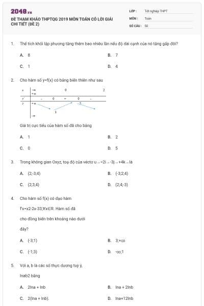 ĐỀ THAM KHẢO THPTQG 2019 MÔN TOÁN CÓ LỜI GIẢI CHI TIẾT (ĐỀ 2)