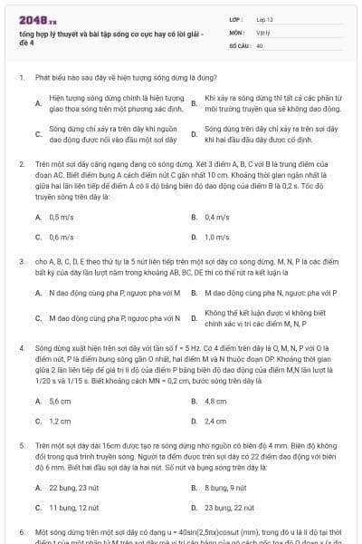 tổng hợp lý thuyết và bài tập sóng cơ cực hay có lời giải - đề 4