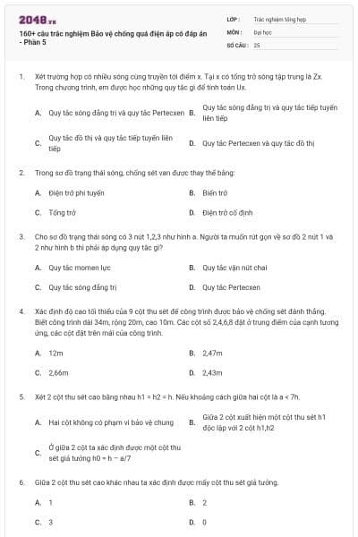 160+ câu trắc nghiệm Bảo vệ chống quá điện áp có đáp án - Phần 5