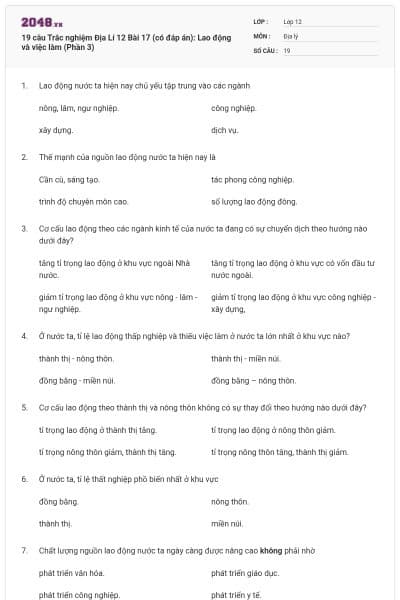19 câu Trắc nghiệm Địa Lí 12 Bài 17 (có đáp án): Lao động và việc làm (Phần 3)
