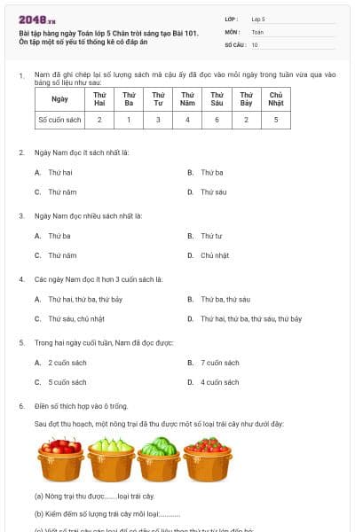 Bài tập hàng ngày Toán lớp 5 Chân trời sáng tạo Bài 101. Ôn tập một số yếu tố thống kê có đáp án