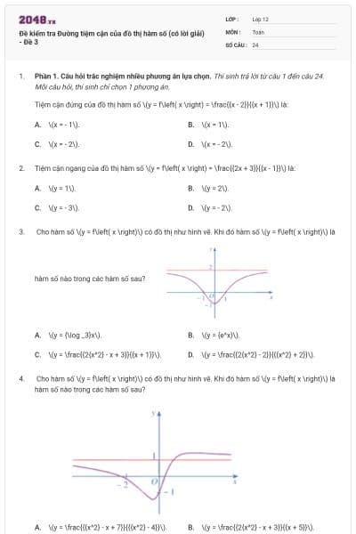 Đề kiểm tra Đường tiệm cận của đồ thị hàm số (có lời giải) - Đề 3