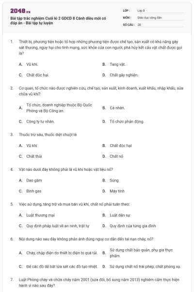 Bài tập trắc nghiệm Cuối kì 2 GDCD 8 Cánh diều mới có đáp án - Bài tập tự luyện