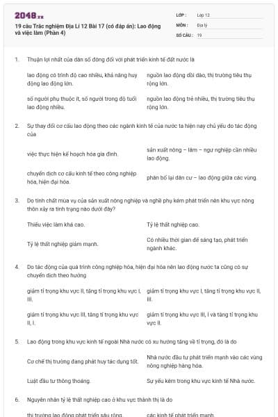 19 câu Trắc nghiệm Địa Lí 12 Bài 17 (có đáp án): Lao động và việc làm (Phần 4)