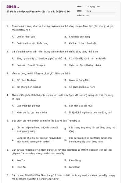 20 Đề thi thử thpt quốc gia môn Địa lí có đáp án (Đề số 16)
