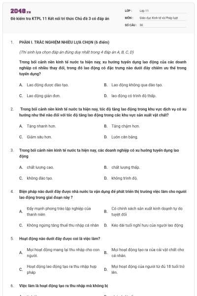 Đề kiểm tra KTPL 11 Kết nối tri thức Chủ đề 3 có đáp án