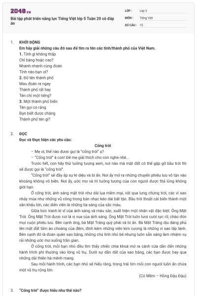 Bài tập phát triển năng lực Tiếng Việt lớp 5 Tuần 20 có đáp án