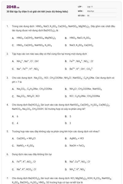 30 Bài tập Sự điện li có giải chi tiết (mức độ thông hiểu)