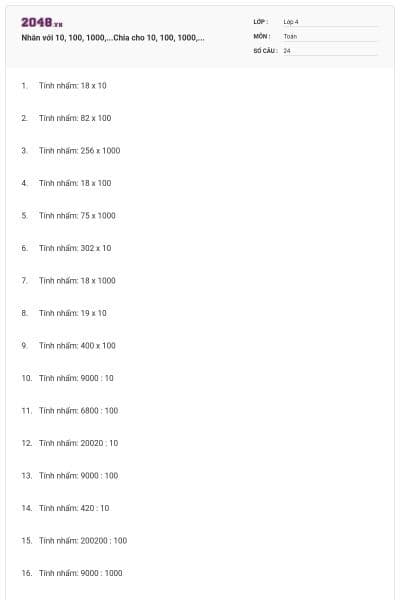 Nhân với 10, 100, 1000,...Chia cho 10, 100, 1000,...