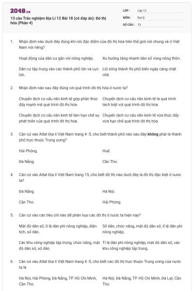 13 câu Trắc nghiệm Địa Lí 12 Bài 18 (có đáp án): Đô thị hóa (Phần 4)