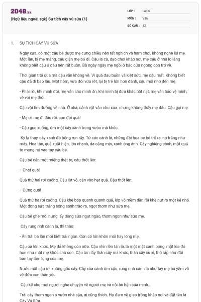 (Ngữ liệu ngoài sgk) Sự tích cây vú sữa (1)