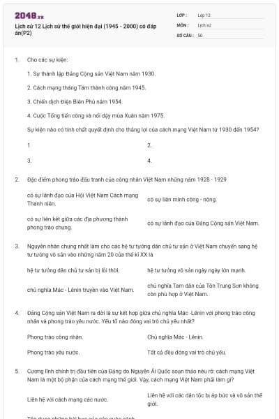 Lịch sử 12 Lịch sử thế giới hiện đại (1945 - 2000) có đáp án(P2)