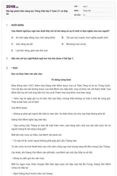 Bài tập phát triển năng lực Tiếng Việt lớp 5 Tuần 21 có đáp án