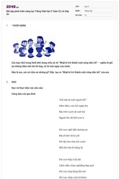 Bài tập phát triển năng lực Tiếng Việt lớp 5 Tuần 22 có đáp án