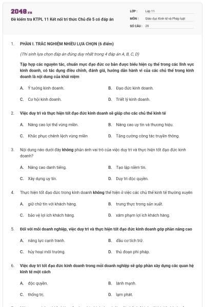 Đề kiểm tra KTPL 11 Kết nối tri thức Chủ đề 5 có đáp án
