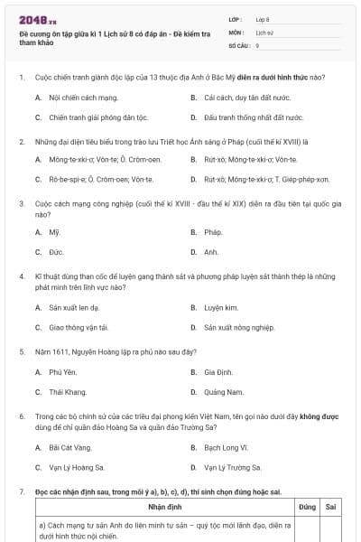 Đề cương ôn tập giữa kì 1 Lịch sử 8 có đáp án - Đề kiểm tra tham khảo