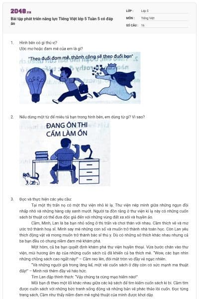 Bài tập phát triển năng lực Tiếng Việt lớp 5 Tuần 5 có đáp án