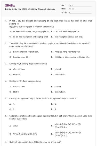 Bài tập ôn tập Hóa 12 Kết nối tri thức Chương 7 có đáp án