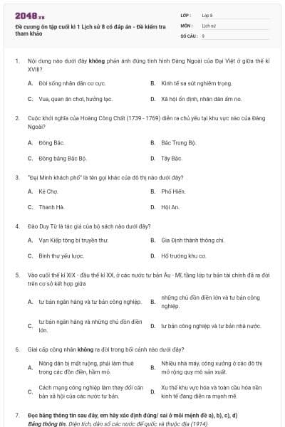Đề cương ôn tập cuối kì 1 Lịch sử 8 có đáp án - Đề kiểm tra tham khảo