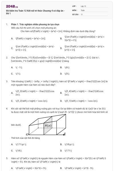 Đề kiểm tra Toán 12 Kết nối tri thức Chương 4 có đáp án - Đề 1