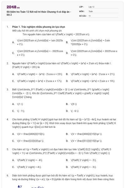 Đề kiểm tra Toán 12 Kết nối tri thức Chương 4 có đáp án - Đề 2