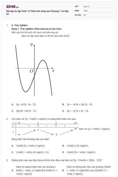 Bài tập ôn tập Toán 12 Chân trời sáng tạo Chương 1 có đáp án