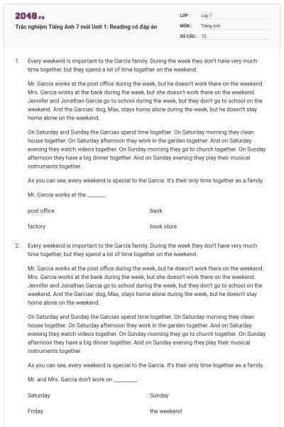 Trắc nghiệm Tiếng Anh 7 mới Unit 1: Reading có đáp án