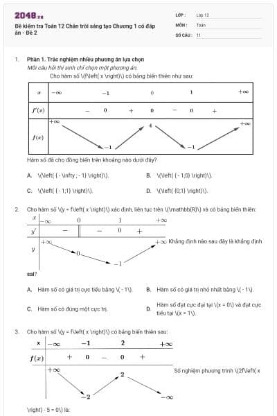 Đề kiểm tra Toán 12 Chân trời sáng tạo Chương 1 có đáp án - Đề 2