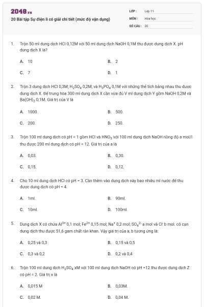 20  Bài tập Sự điện li có giải chi tiết (mức độ vận dụng)