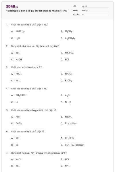 45 Bài tập Sự điện li có giải chi tiết (mức độ nhận biết - P1)