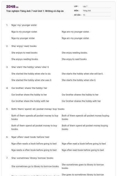 Trắc nghiệm Tiếng Anh 7 mới Unit 1: Writing có đáp án