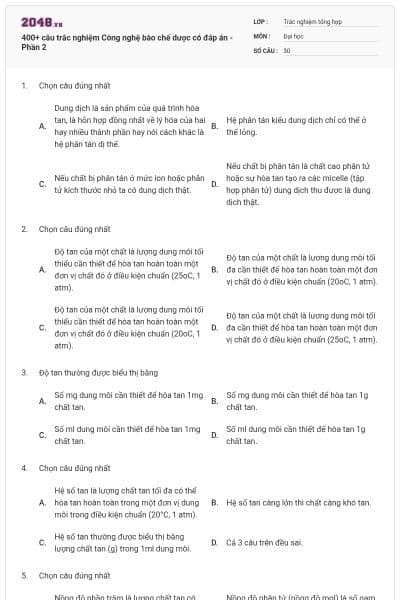 400+ câu trắc nghiệm Công nghệ bào chế dược có đáp án - Phần 2