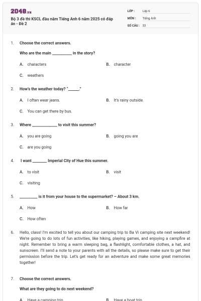 Bộ 3 đề thi KSCL đầu năm Tiếng Anh 6 năm 2025 có đáp án - Đề 2