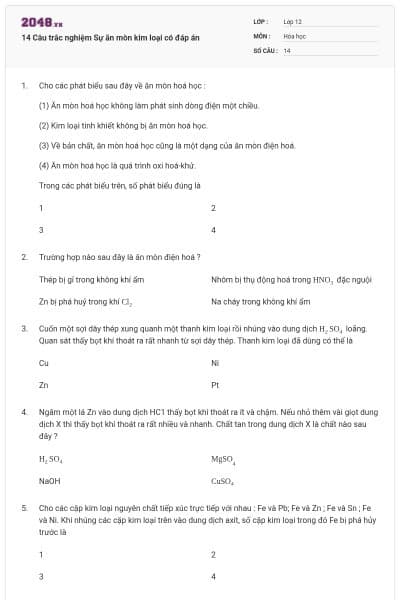 14 Câu trắc nghiệm Sự ăn mòn kim loại có đáp án