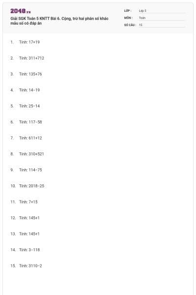 Giải SGK Toán 5 KNTT Bài 6. Cộng, trừ hai phân số khác mẫu số có đáp án