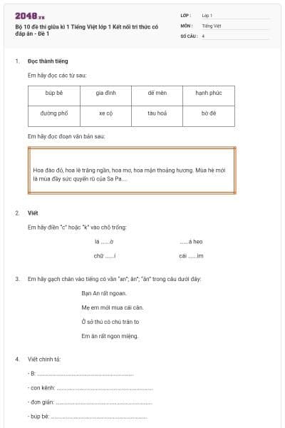 Bộ 10 đề thi giữa kì 1 Tiếng Việt lớp 1 Kết nối tri thức có đáp án - Đề 1