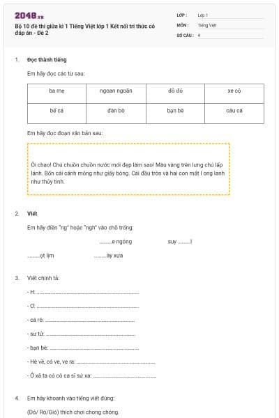 Bộ 10 đề thi giữa kì 1 Tiếng Việt lớp 1 Kết nối tri thức có đáp án - Đề 2