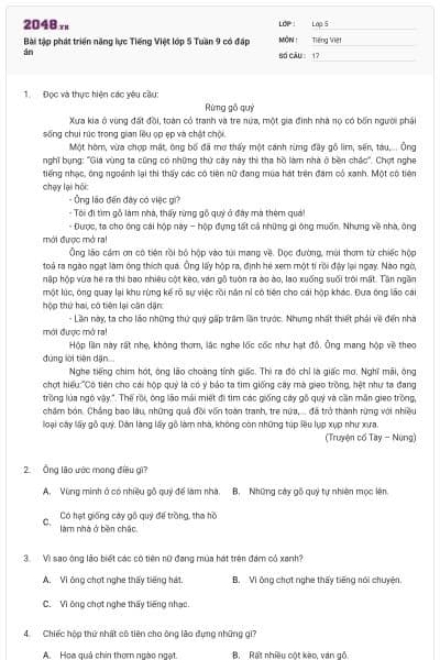 Bài tập phát triển năng lực Tiếng Việt lớp 5 Tuần 9 có đáp án