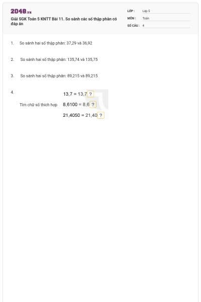 Giải SGK Toán 5 KNTT Bài 11. So sánh các số thập phân có đáp án