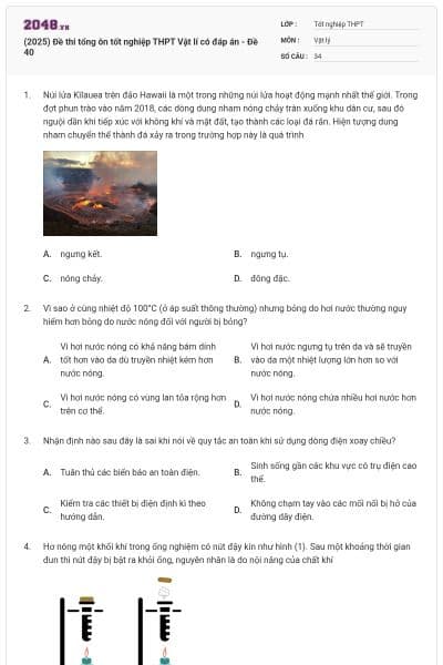 (2025) Đề thi tổng ôn tốt nghiệp THPT Vật lí có đáp án - Đề 40