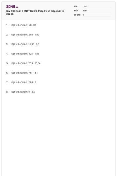 Giải SGK Toán 5 KNTT Bài 20. Phép trừ số thập phân có đáp án